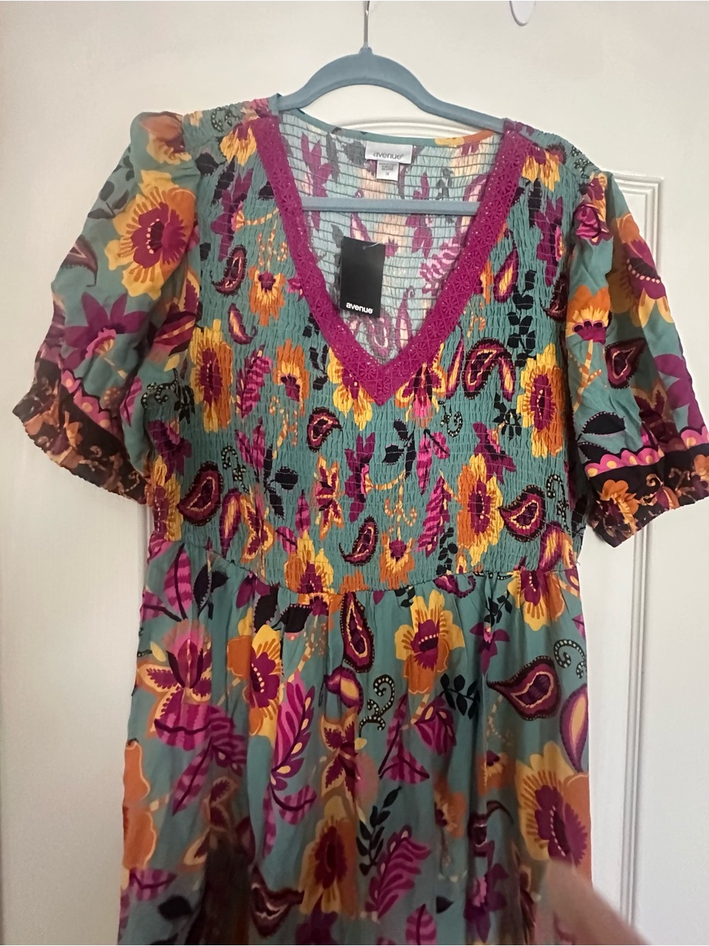 Aventura Teal Floral V-Neck Smocked Tunic with Magenta Trim